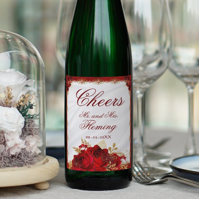 Röd och Guld metallisk Blommigt Bröllop Vinflaska Etikett (Skapare uppladdad)