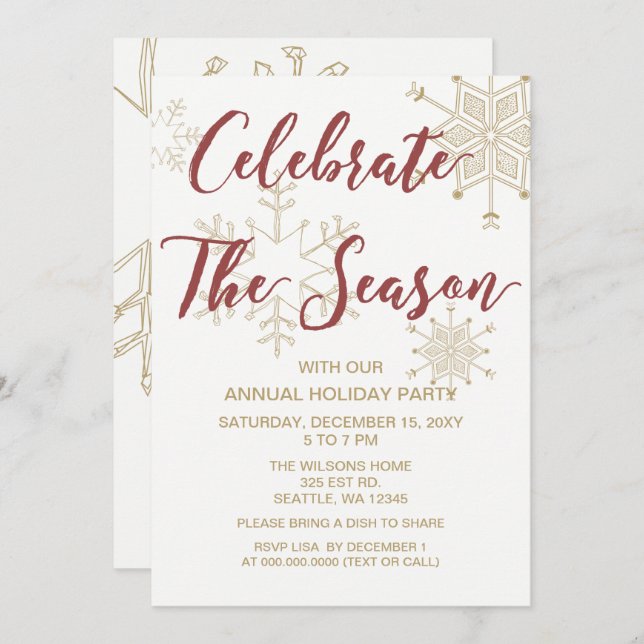 Röd och Guld Modern julfest Inbjudningar (Fram/baksida)
