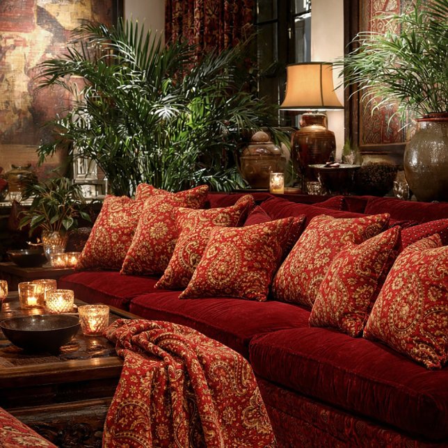Röd och guld paisley kastfilt - Inredningsdetalj Filt (Red & Gold Paisley pattern toss pillows and toss throw. )