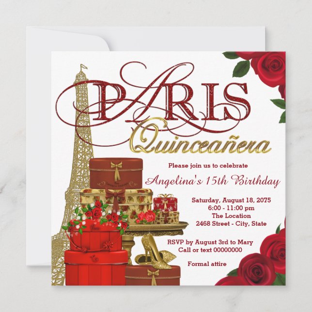 Röd och guld Paris Quinceanera Inbjudningar (Framsida)