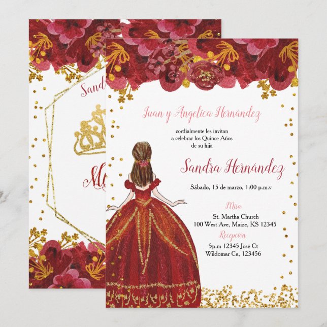 Röd och Guld Quinceañera-inbjudan Inbjudningar (Fram/baksida)