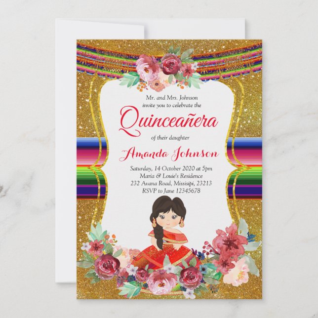 Röd och guld Quinceañera spansk födelsedag Inbjudningar (Framsida)