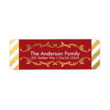 Röd och guld randig jul adressetikett