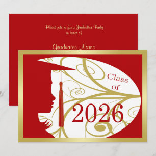 Röd och guld silhuett 2026 examensfest inbjudningar