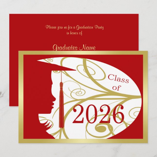 Röd och guld silhuett 2026 examensfest inbjudningar (Fram/baksida)