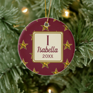 Röd och guld stjärna monogram initial jul julgransprydnad keramik