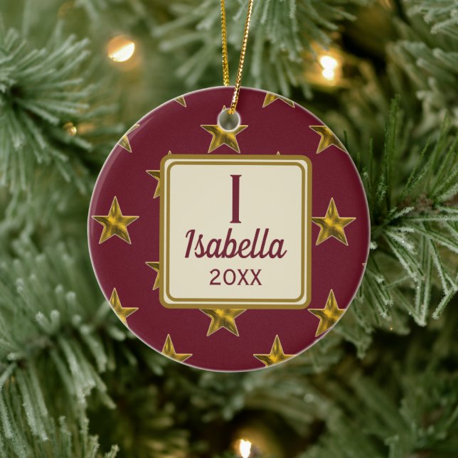 Röd och guld stjärna monogram initial jul julgransprydnad keramik (Träd)