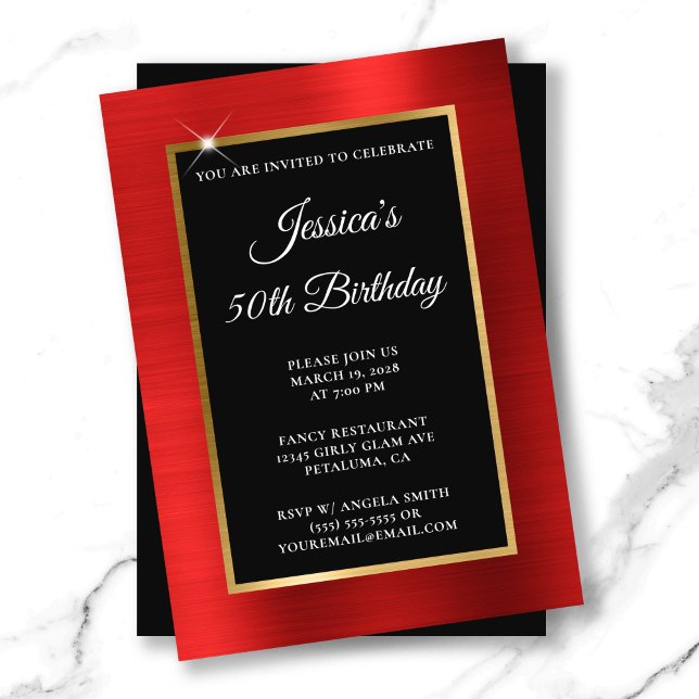 Röd och guld, svart 50:e födelsedagen inbjudningar (Red and Gold Foil Black 50th Birthday Invitation)
