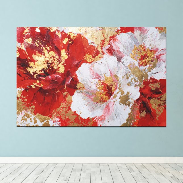 Röd och guld texturerad blomsterabstrakt väggkonst canvastryck (Insitu (trägolv))