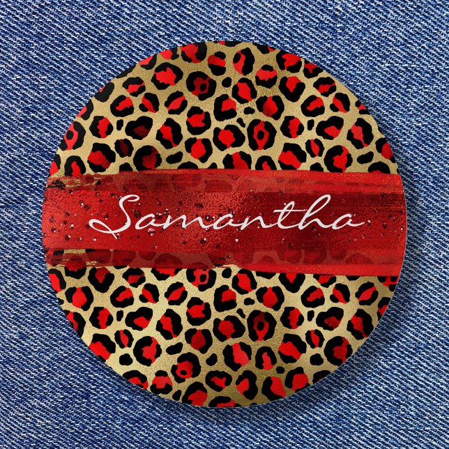 Röd och guldfärgad olja Leopard Brush Stroke Knapp (Red and Gold Foil Leopard Brush Stroke Button)