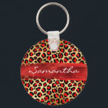 Röd och guldfärgad olja Leopard Brush Stroke Nyckelring<br><div class="desc">Röd,  svart och guld faux foil och svart leopardpunkt med motsvarande glitter-foliepensel för ditt namn. Modern safari-design för hennes födelsedag. Ljusröd och gyllene glam-nyckelring.</div>