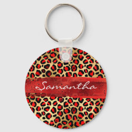 Röd och guldfärgad olja Leopard Brush Stroke Nyckelring