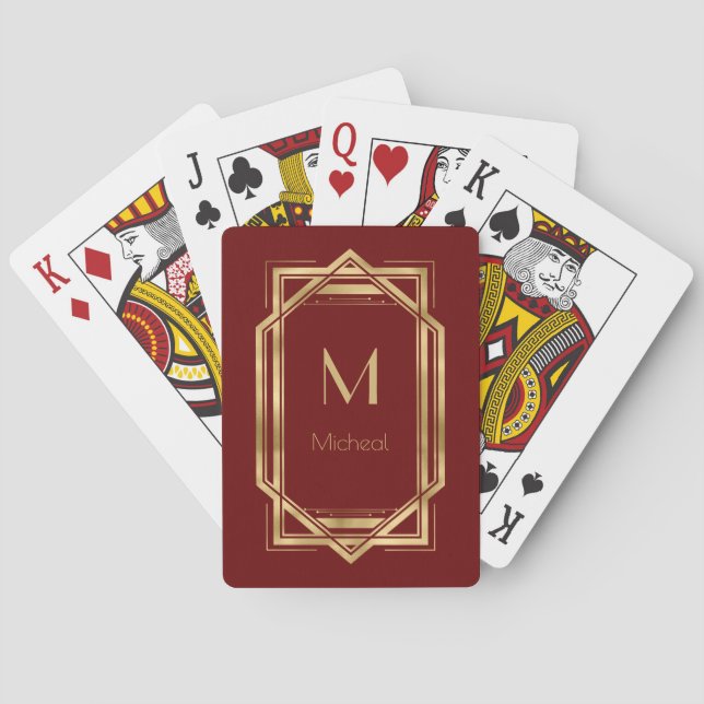 Röd och guldgeometrisk | Monogram & Namn Casinokort (Baksidan)