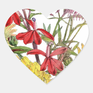 Röd och Gult Festive Vår Blommigt Party Hjärtformat Klistermärke