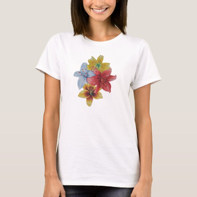 Röd och gult Lily-blommor blommigt art T-shirt (Framsida)