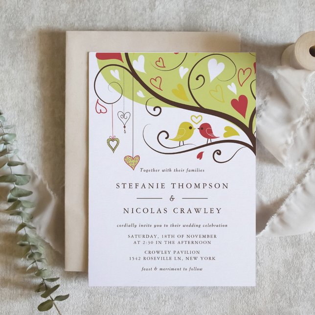 Röd och Gult Viktiska sjöfåglar Bröllop Inbjudningar (Yellow and Red Lovebirds Wedding Invitation)