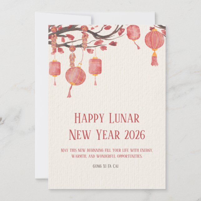 Röd och kräm enkel vattenfärg Glad Lunar Julkort (Framsida)