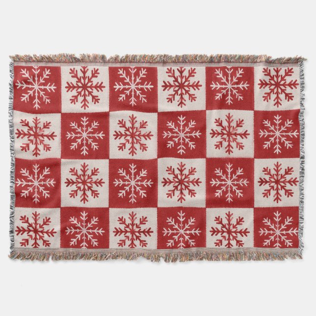 Röd och krämfärgad snöflinga julfilt filt (Framsidan)