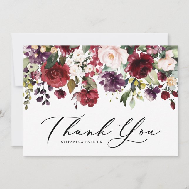 Röd och lila akvarellblommig krans bröllop tack kort (Framsida)