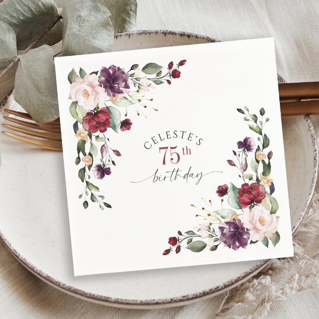Röd  och Lila Elegant Blommigt 75:e födelsedag Pappersservett (Skapare uppladdad)