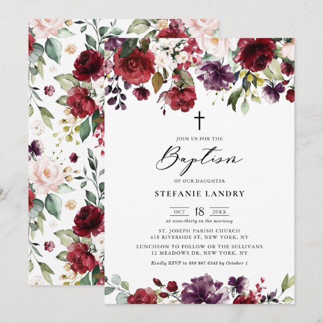 Röd- och Lila Watercolor Flowers Baptism Inbjudningar (Fram/baksida)