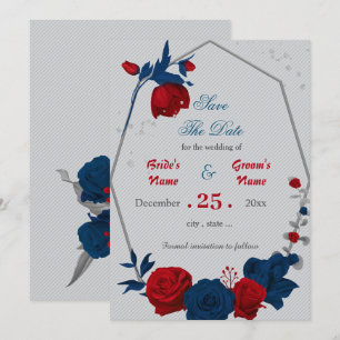 röd och marin blåa blommor-geometri spara datumet inbjudningar