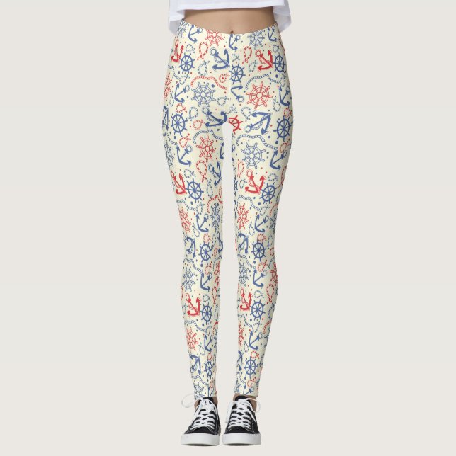 Röd och marinbakgrund med ankrar leggings (Framsida)