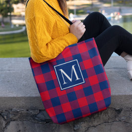 Röd och marinblå Buffalo-rutig med monogram Tygkasse
