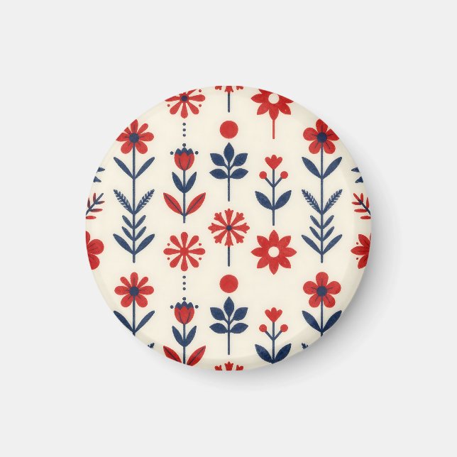 Röd och marinblå folkkonstblommig mönster magnet (Framsidan)