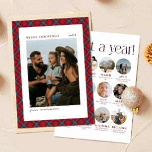 Röd och marinblå Tartan Årsöversyn Familjefoto Julkort