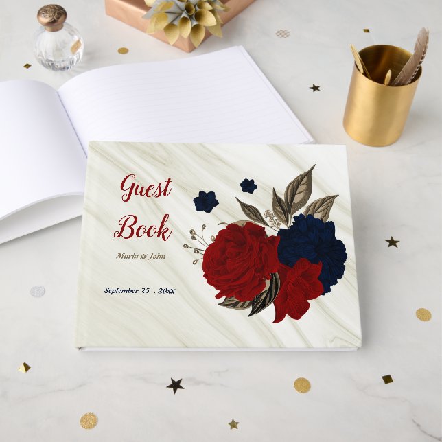Röd och marmor grått botaniska marmor gästböcker (Framsida Öppen)