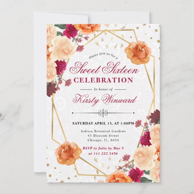 Röd och Orange Blommor Ram Sweet 16 Inbjudningar (Framsida)