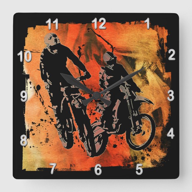 Röd och orange Grunge för Dirtbiker Duo Fyrkantig Klocka (Framsida)