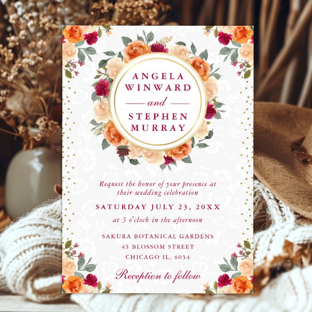 Röd och orange höstblommor krans bröllop inbjudningar (Skapare uppladdad)