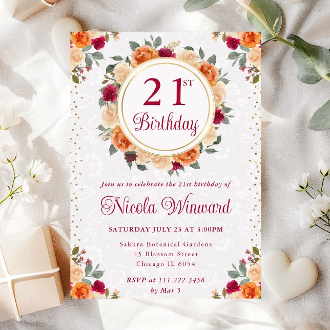 Röd och Orange Höstblommor Krans Födelsedag Inbjudningar (Skapare uppladdad)