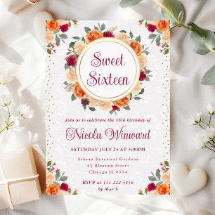 Röd och Orange Höstblommor Krans Sweet 16 Inbjudningar