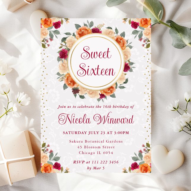 Röd och Orange Höstblommor Krans Sweet 16 Inbjudningar (Skapare uppladdad)