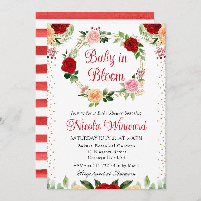 Röd och Orange Ro Blommor Utandningsskjut Inbjudningar (Fram/baksida)