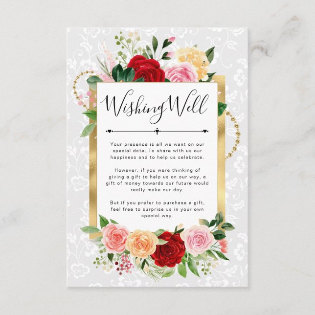 Röd och Orange Ro Guld Bröllop Wishing well Tilläggskort (Framsida)