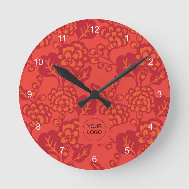 Röd och Orange Vibrant och Fet Blommönster Rund Klocka (Framsida)