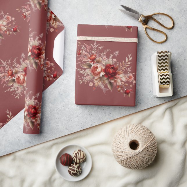 Röd och persikoblush blomster  presentpapper (Hantverk)