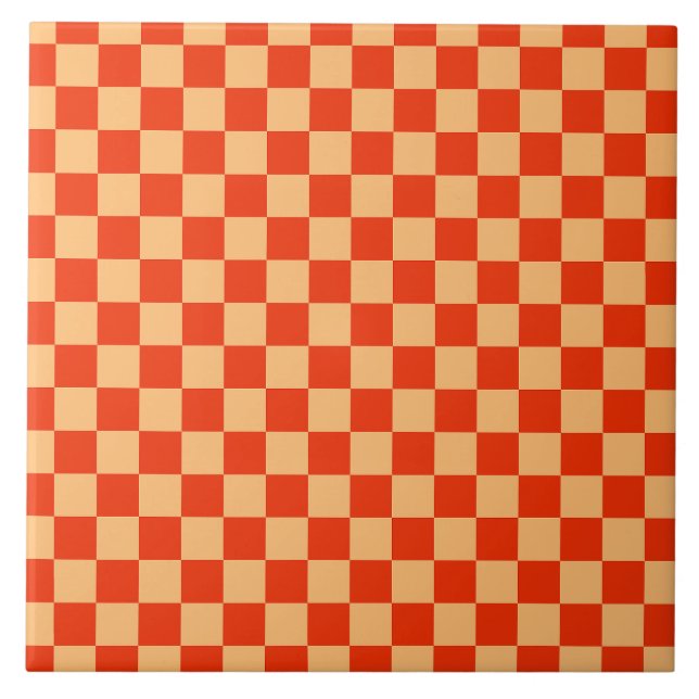 Röd och persikokontroll Checkerboard Mönster Kakelplatta (Framsidan)