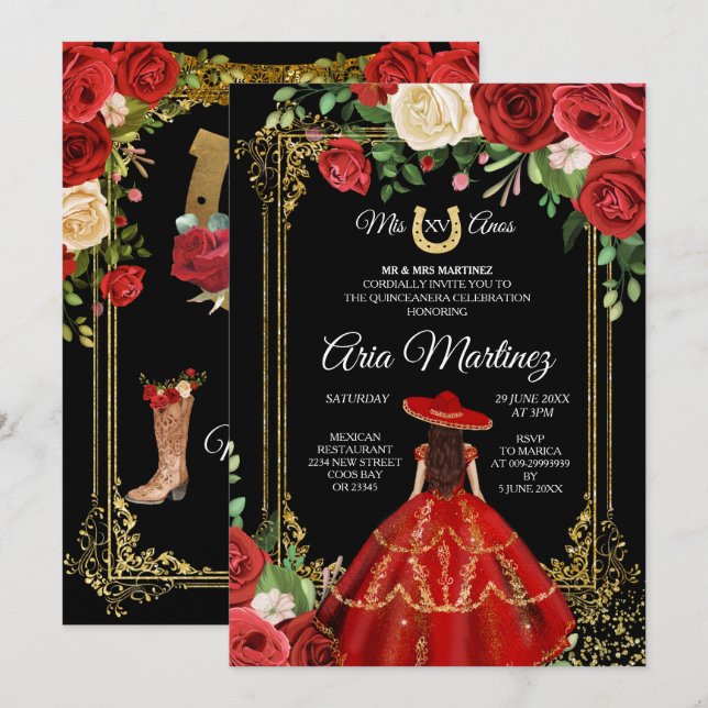 Röd och Röd ros - Princess Quinceanera Inbjudningar (Fram/baksida)