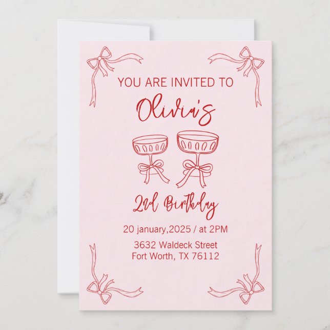 Röd och Rosa 2:a födelsedagsinbjudan till flickor Inbjudningar (Framsida)