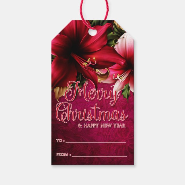 Röd och Rosa Amaryllis God jul Gift Märkres Presentetikett (Framsidan)