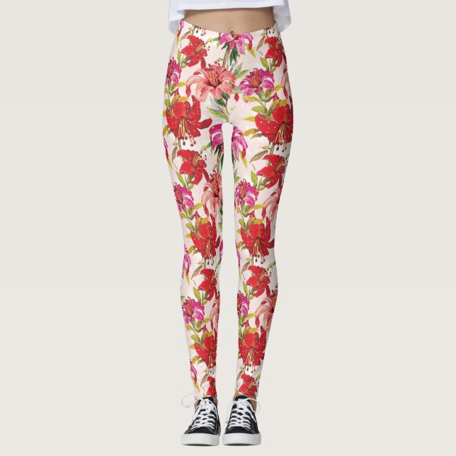 Röd och Rosa Blommigt Hibiscus Leggings (Framsida)