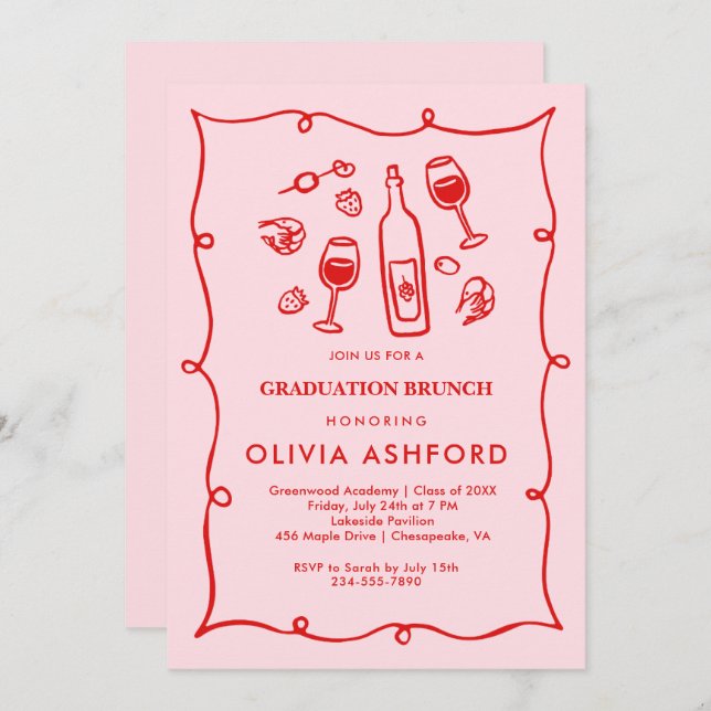 Röd och Rosa Elegant Brunch studenten Inbjudningar (Fram/baksida)