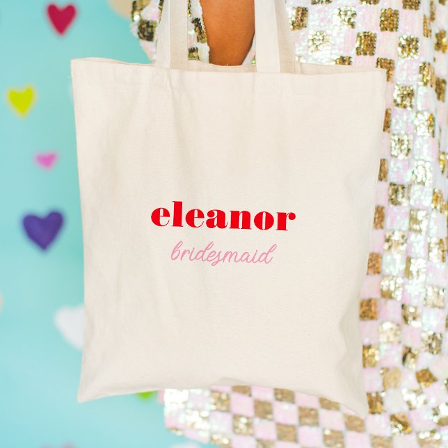 Röd och rosa fet typografi brudtjänst bröllop tygkasse (Red and Pink Bold Typography Bridesmaid Wedding Canvas Tote Bag)