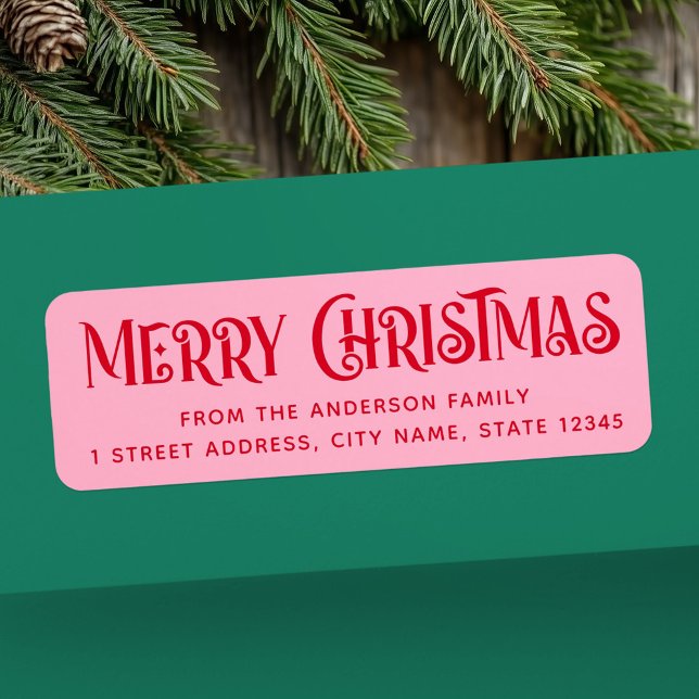 Röd och rosa God jul returadress Returadress Etikett (Red & pink festive Merry Christmas return address Label)