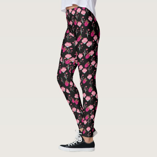 röd och Rosa körsbär blommar Mönster på svart Leggings (Vänster)